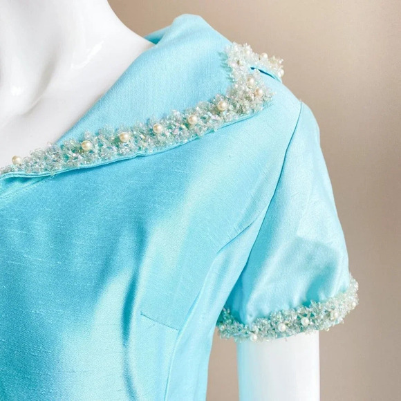 Vintage Light Blue 50s 60s Beaded Detail Short Sleeve Mini Dress S - Picture 6 of 11